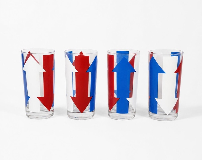 Highball Tall Bar Drinking Glasses Cera Vintage Mid 20th Century Red, White & Blue - Set of 4 Patriotic Memorial July 4th America Arrow