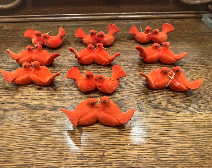 Set 10 | Flocked Ornaments | Love Birds | Dove Pairs | Vintage Red | Christmas tree | Plastic