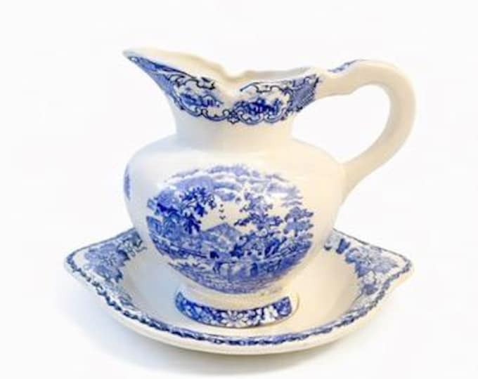 Flow Blue White Pitcher and Bowl Set Antique Wash Basin Transferware Jug Cottagecore Farmhouse Decor Staffordshire Style