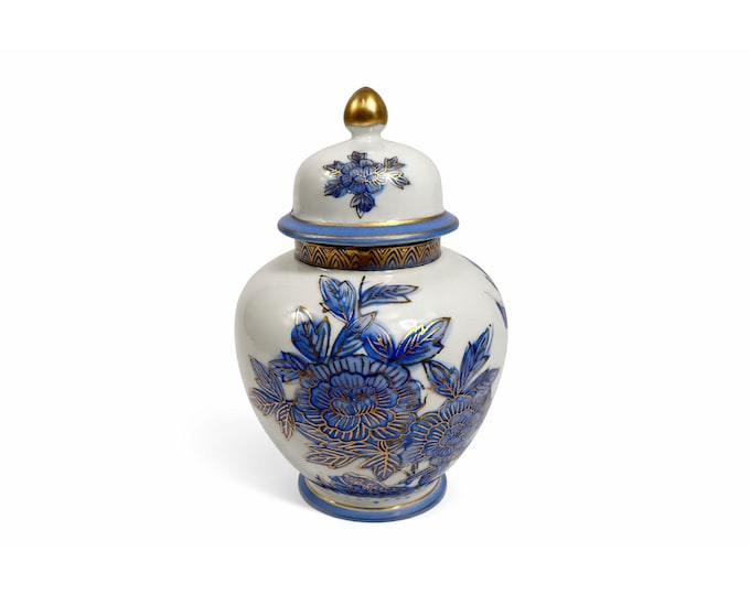 Ginger Jar Vintage Hand-Painted Blue Chrysanthemums Andrea de Sadek Chinosiere Oriental Floral Birds Traditional Home Shelf Decor Decorative