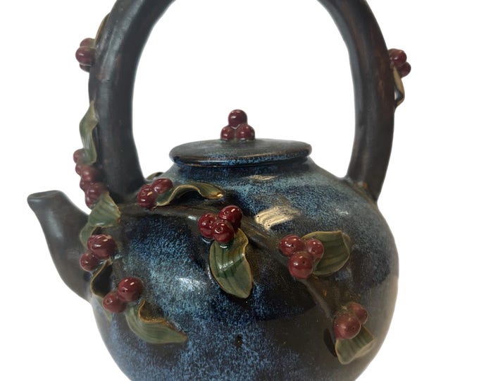 Vintage | Decorative Majolica | Cobalt Blue Teapot | Handle Pottery Glazed | Berries Leaves | Hand Thrown | Chinese Oriental ShiWan Ware
