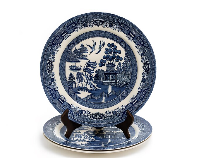 Dinner Plates Set 3 Dishes | Churchill English Replacement China | Blue Willow Oriental Chinoiserie | Traditional Classic Wedding Gift