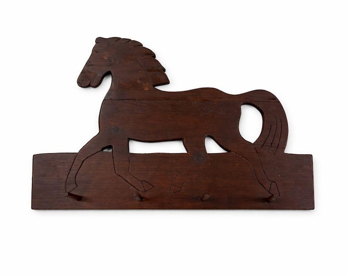 Wood Horse Shelf Peg Rack Hats Coats Handmade Vintage Wall Home Decor Entrance Mud Room Decorative Accents Cottage Core Primitve Folk Art