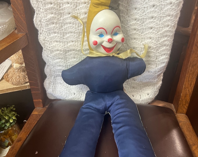 Vintage MCM Stuffed Cloth Clown Doll 25" Tall Plastic Face Jester 1950s 60