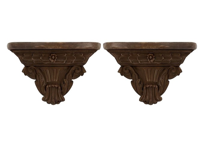Ornate Wooden Shelf Pair Mexican Walnut Hand Carved Wood Hinged Lid Decorative Accents Home Decor Gallery Wall Set 2