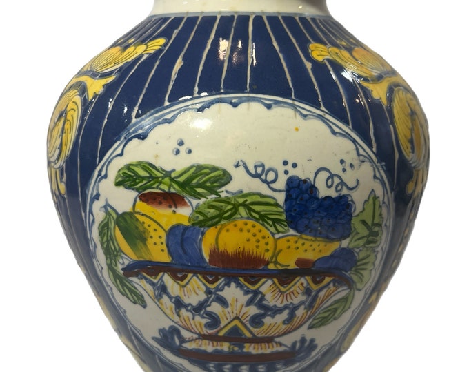 Chinese Bulbous Vase With Cobalt Blue and White Stripes, Golden Yellow Fruit and Flower Medallions