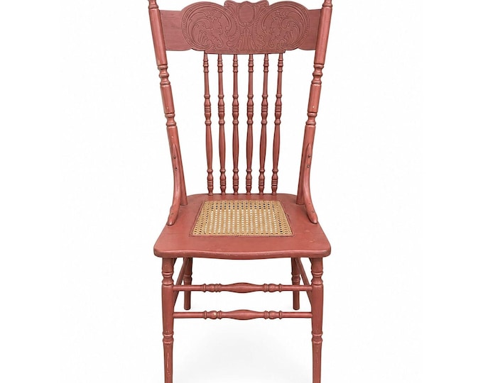 Wood Accent Dining Chair Pressed Back Cane Bottom Embossed Red Painted cane back chair with faces Carrved on Back Antique Furniture