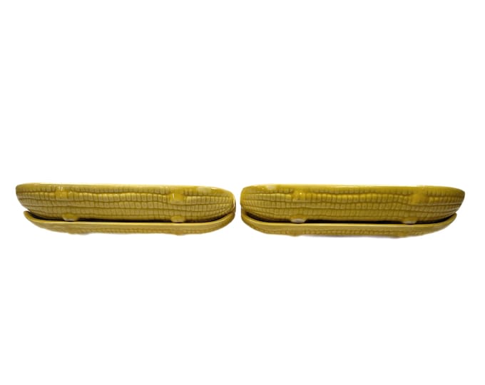 Corn Cob Holder Servers Dishes | Yellow Pottery USA made  | Set 4  | Vintage Mid Century Kitsch | Kitchen Serving Pieces | Replacement China