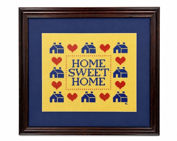 Framed Wall Art Home Sweet Home Cross Stitch Houses Hearts Vintage Primitive Farmhouse Granny Cottage Core Handmade Country