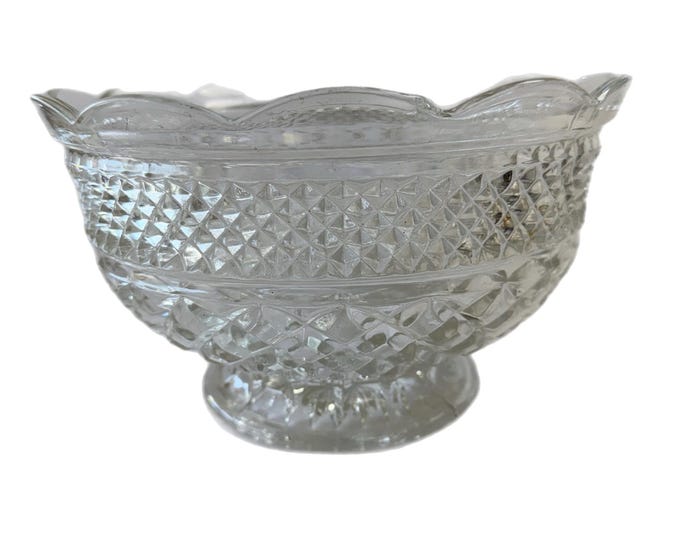 Bowl Fruit Salad Compote Centerpiece | Anchor Hocking Wexford | Vintage Pressed Glass Diamond Point | Glassware  | Scalloped Edge