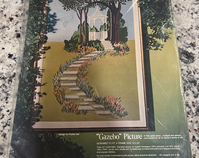 Vintage Paragon Needle Craft | 1974 Crewel Embroidery | Gazebo | Flowers Kit | New Old Stock