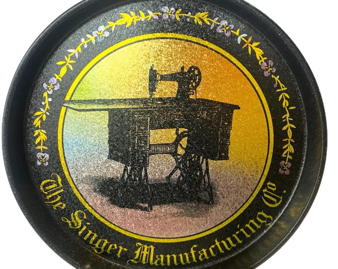 Vintage Singer Manufacturing Co. Bristolware Metal Round Tin Serving Tray | Sewing Machine | Tin Box Company of America | Sewing Seamstress