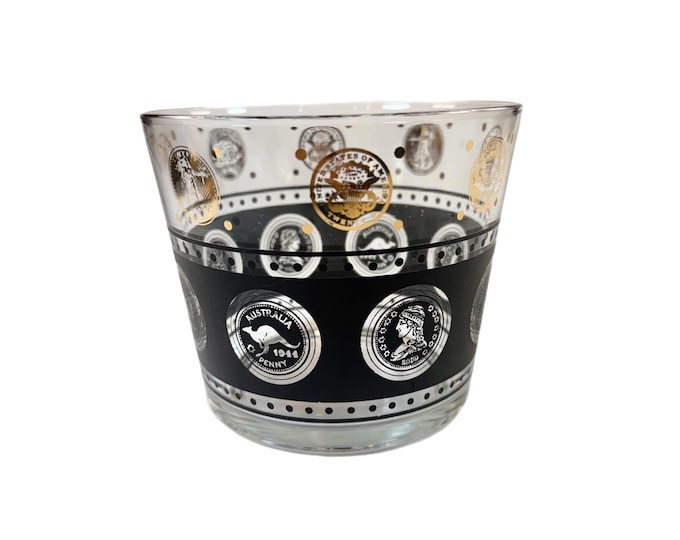 Ice Bucket Hazel Atlas MCM Vintage Black Gold World Coin Collins Glass Ice Bucket | Vintage Retro Barware | Mid Century Continental Can Co