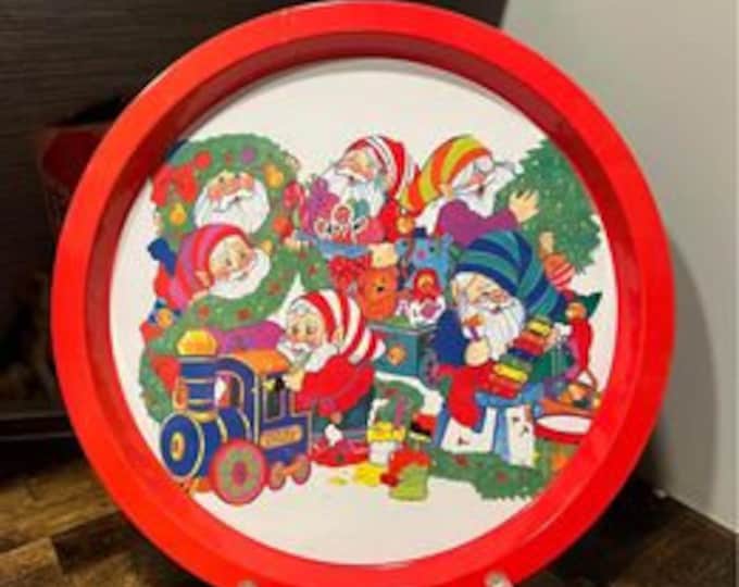 Vintage | Retro Boho | Holiday Christmas | Hospitality | Serving Tray | Colorful Elves Toys | Cookie Tin | Kitschy | Martin Enterprises