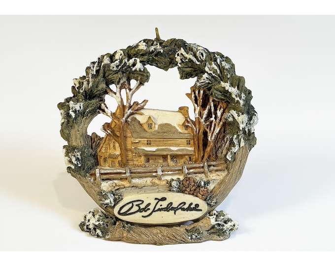 Christmas Ornament with Stand | Bob Timberlake First Light | Resin | Vintage Holiday Decor Signed Lexington North Carolina Log Cabin Snow