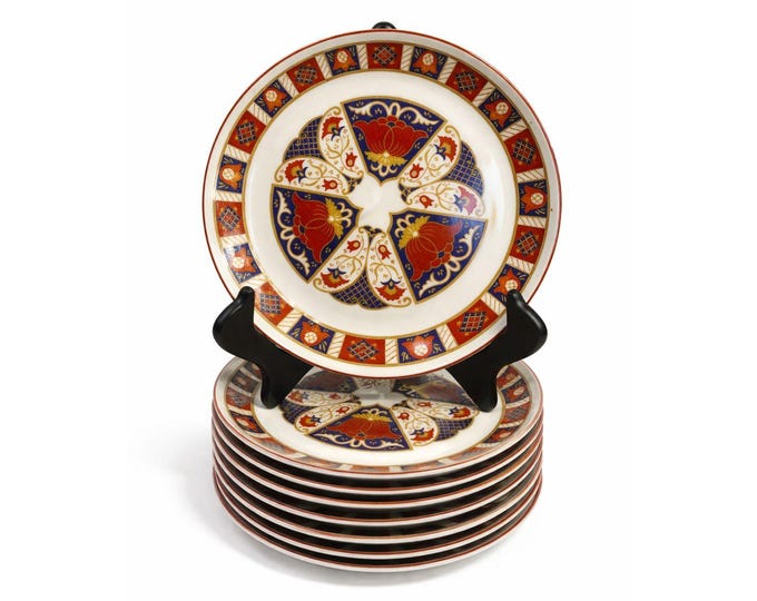 Snack Plates Imari Derbyshire Seymour Mann Set 8 Vintage Replacement China Vintage Oriental Red White Blue Gold Hostess Chinoiserie