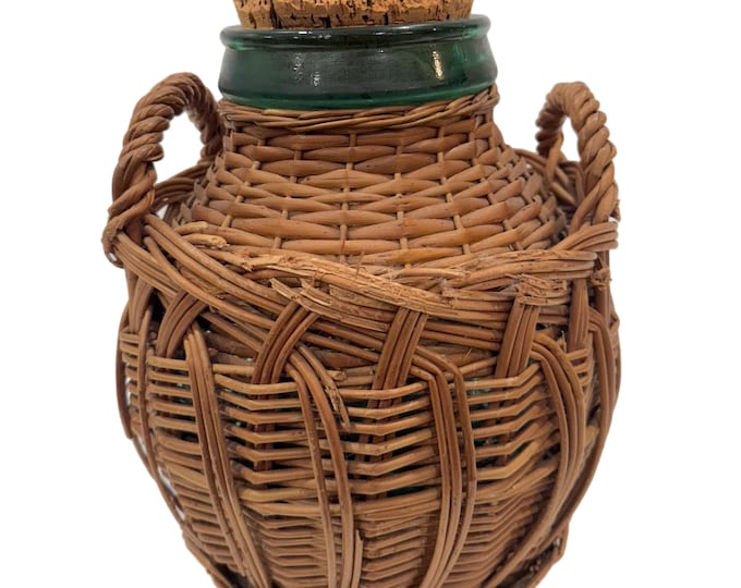 Demijohn Wine Ballon | Viresa Wine Bottle Raffia Wicker Basket | Large Vintage Green Glass Bottle Jug with Handle | Spanish Italian