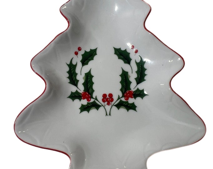 Candy Dish Trinket | Vintage Christmas Tree Shaped Plate Candy Dish Holly Berry Wreath Pattern | Made in Japan | Holiday Decor Mid Century