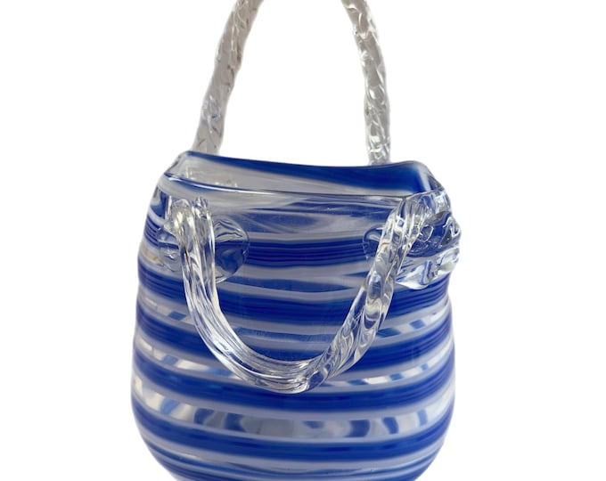 Vintage | Murano Style Fifth Avenue Crystal | Cobalt Swirl Art Glass Hand Blown Purse Vase 9” Handles | Wedding Decor Home Decor | Gift Her