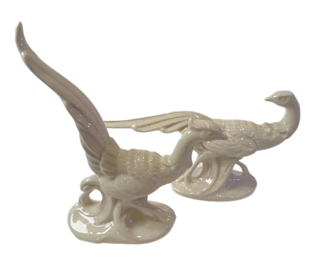 Vintage | Set 2 Pair |  Mid Century Ceramic Pheasants | White Crackle - Home Decor, Bookshelf Coffee table Mantle decor | Fall Decorations