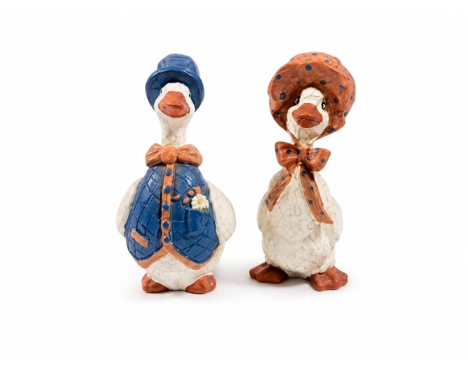 Geese Figurines Pair Dressed up Pecan Wood Hand Painted Vintage Whatnot Trinket Shelf Decor Country Primitive Farmhouse Cottage Granny Core