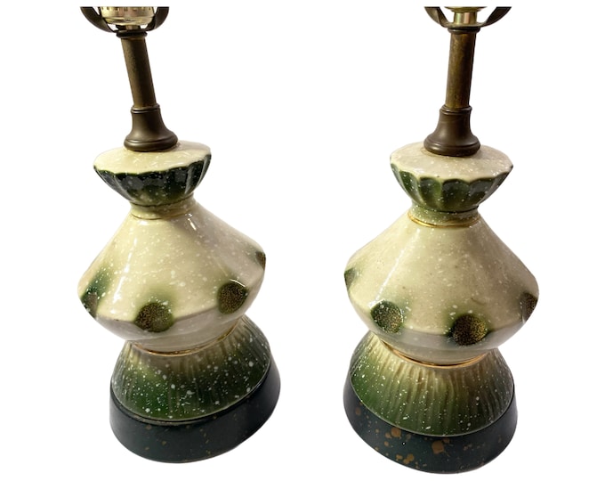 Mid Century | Vintage | Retro Atomic | Pair Lamps | Green Cream Gold | Speckled