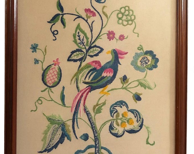 Vintage Finished Framed Crewel Flowers Peacock Bird | Jacobean Tree | Needlework Glass | Wall Decor Handmade Wood Frame  | Cottage Core