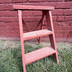 Rustic |  Wooden Folding Red 2 Foot Step Ladder | Primitive Farmhouse Cottage Core Granny Core |  Garden Decor Vintage | Knick knack shelf