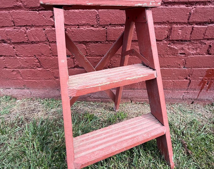 Rustic |  Wooden Folding Red 2 Foot Step Ladder | Primitive Farmhouse Cottage Core Granny Core |  Garden Decor Vintage | Knick knack shelf