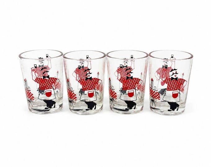 Shot Shooter Mini Juice Glasses Hazel Atlas Bartender Waiter Checkered Set 4 Vintage Mid Century Kitsch Barware Drinkware Replacement Glass