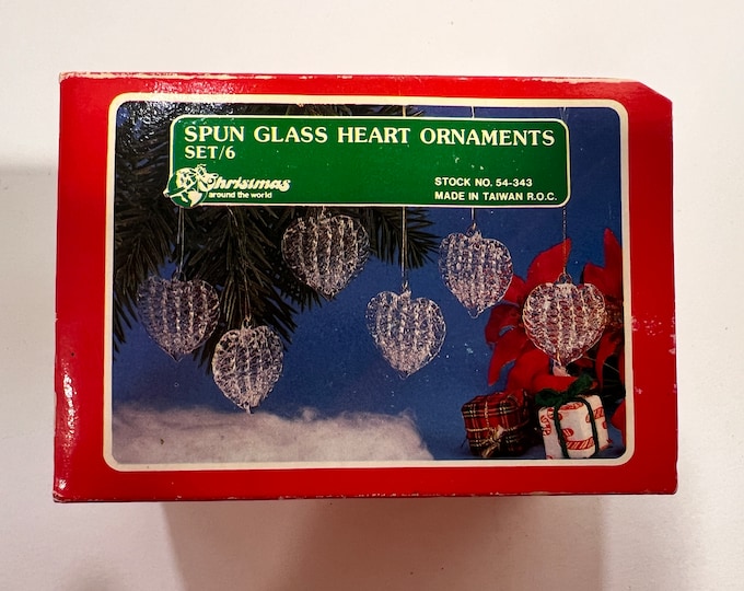 Christmas Around the World Spun Glass Heart Ornaments Lot of 6 | Orignial Box | Taiwan Made | Vintage Christmas Ornaments