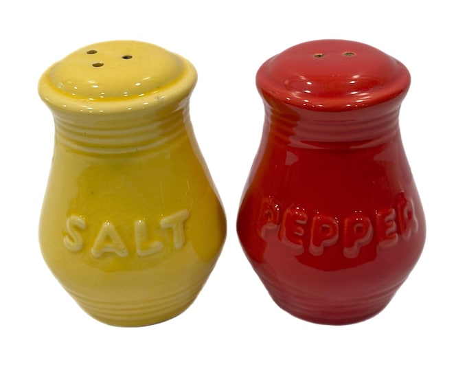 Vintage | Red and Yellow Salt and Peppers Shakers|  Hotty Salty on Reverse | Pottery Large Set Pair 2 | Fiesta style | Unique Retro Kitschy