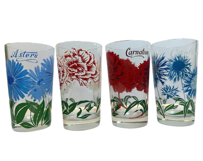 Boscul Peanut Butter Drinking Glasses Tumblers | Set 4 Flowers: Aster, Coneflower, Red White Carnation, Vintage Kitchen | Floral Collectible