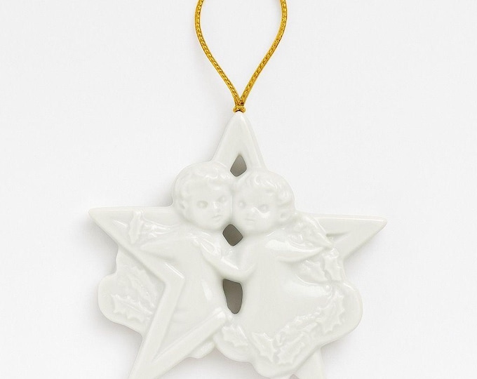 Christmas Tree Ornament Caroling Angels Star Haviland Limoges Signed France 1988 Artisit SIgned Vintage Poreceain Holiday Seasonal White