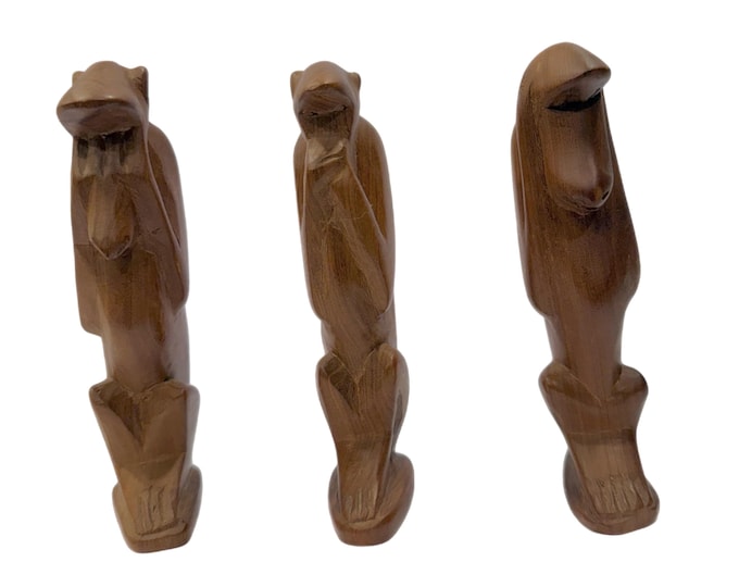 Mid century MCM | Vintage Retro |Teak Wood Wooden Figurines | Three wise Monkey | See no evil, speak no evil, hear no evil | Sculptures