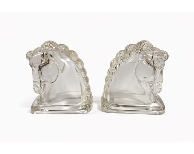Horse Head Bookends Pair Set 2 LE Smith Clear Glass Stallion Vintage Library Office Home Bookends Home Shelf Decor Decorative Accents