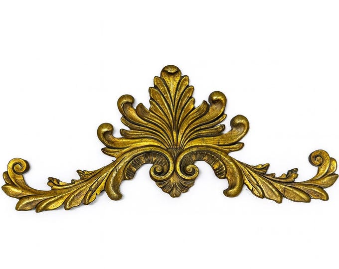 French Wood Gold Gild Fret Work Pediment Embellishment | Ornate Rococo Style Ornament | Wall Decor Above Door Appliqué