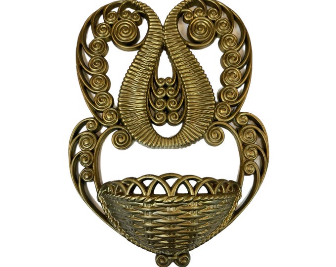 Faux Wicker Pocket Planter | Burwood Products | Gold | Faux Wicker Scroll Galley Wall Decor Art 1978 | Hollywood Regency Boho Retro Mid Cent