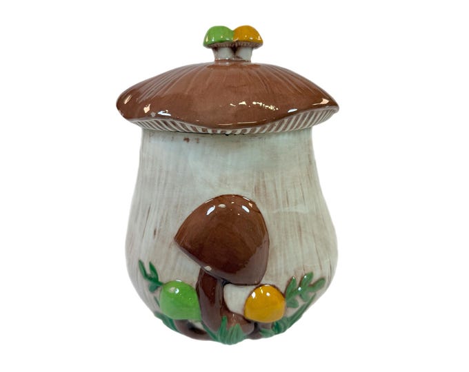 Cookie Jar Canister | Arnel Merry Mushroom | Earth Tone | Vintage Retro Kitschy Boho | Cottage Grandma Core | Kitchen Storage Decor Ceramic