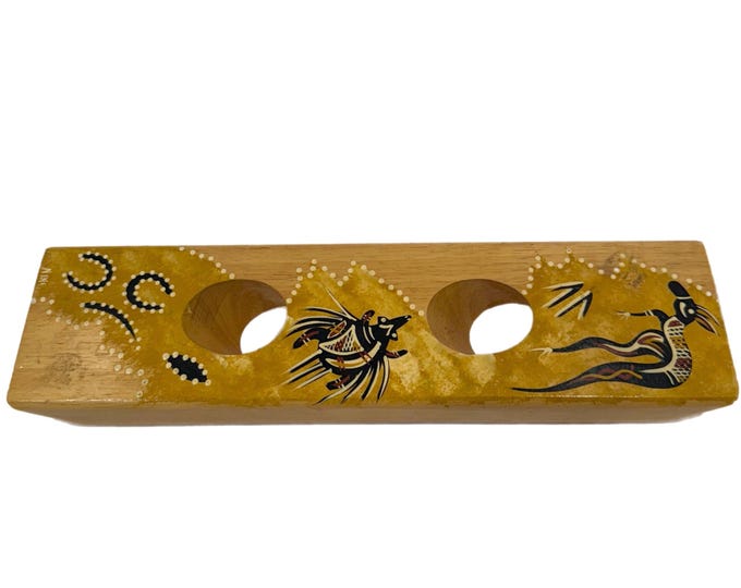 Wine Bottle Holder Wood Hand Painted Aboriginal Australian Balance Signed | Barware Bar Decor | Kangaroo Echidna | Wooden | Gifts for him