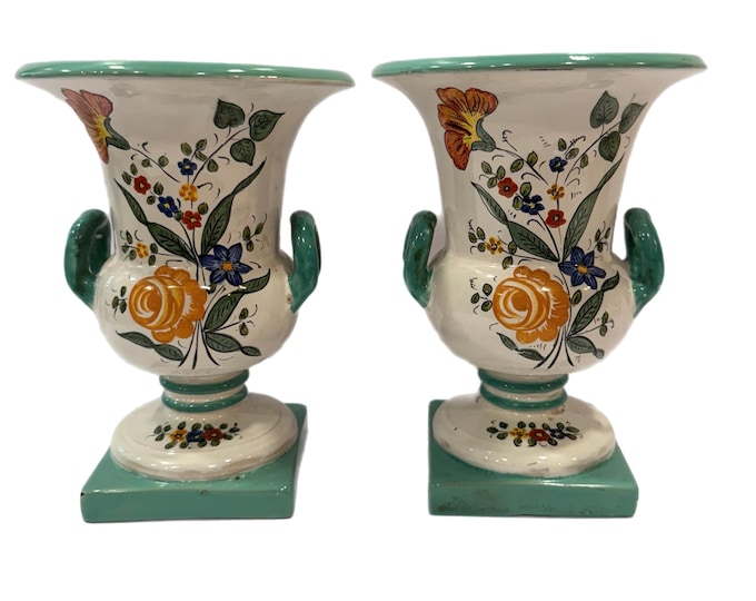 Vintage | Deruta Majolica Italy Italian | Pair Set 2 Vases Urns Planters | Hand Painted Flowers Floral | Ceramics Pottery | Grand Millennial