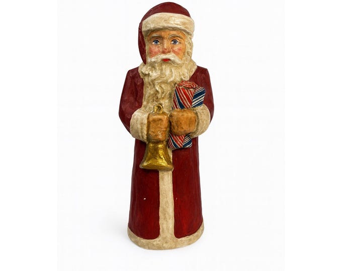 Hand Painted Paper Mache Santa Figurine Statue Folk Art Old Wold Christmas Decor Vintage Holiday Seasonal Decor Victorian Style