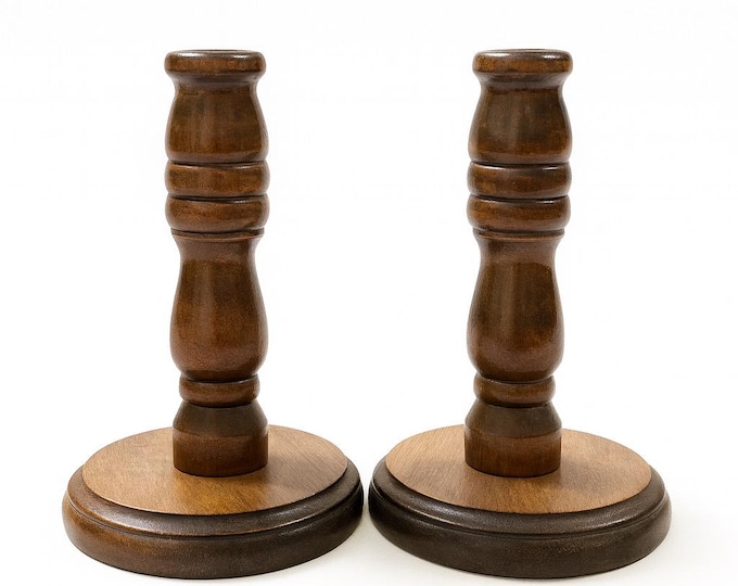 Wooded Candle Sticks Taper Candle Holders | Pair Set 2 Vintage Wood Handmade | Colonial Farmhouse Country Cottage Granny Core Primitive