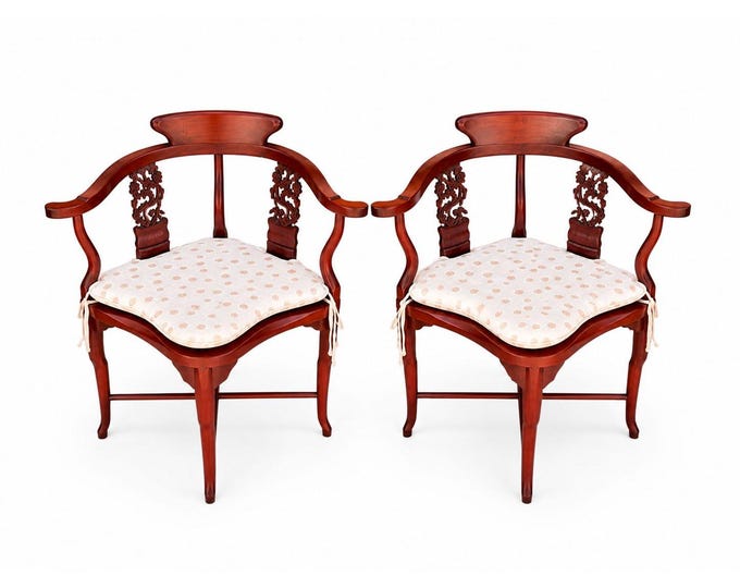 Cormer Chairs Oriental Pair Hand Carved Asian Rosewood Armchairs Chinoiserie Vintage Cushions Statement Home Decor Furniture