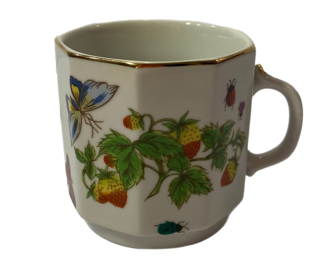 House of Ardalt Vintage Coffee Mug, Tea Cup Strawberries Butterflies Lady Bugs