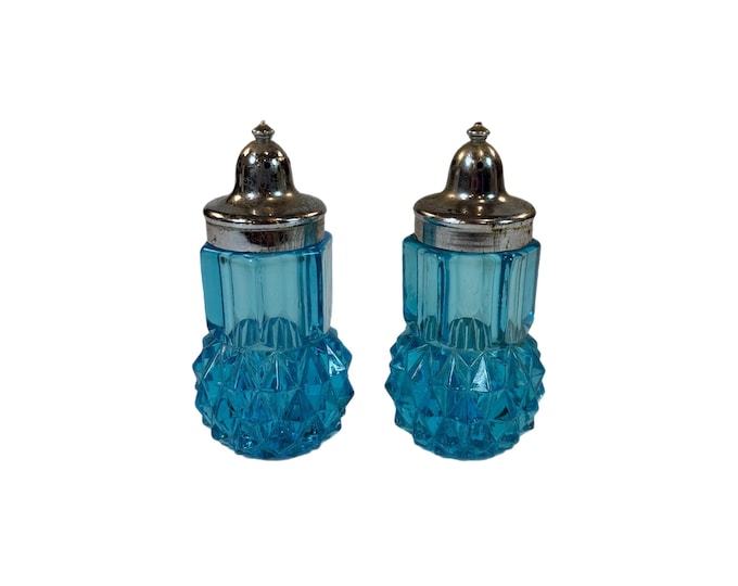 Glass Salt Pepper Shakers | Indiana Glass Bright Blue Diamond Point | Metal Lids | Vintage Kitchenware | Tableware | Hostess Party Gift