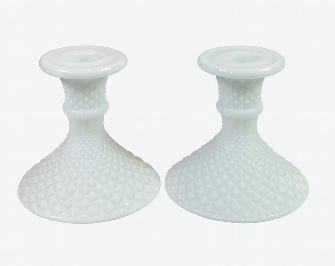 Taper Candle Holders | Westmoreland Milk Glass Hobnail | Pair Set Two Vintage Tableware Wedding Home Decor Decorative | Granny Cottage Core