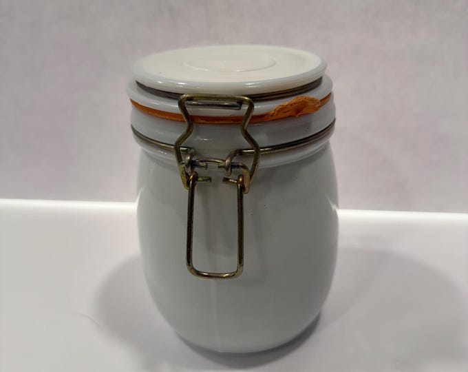 White Milk Glass Canister Covered Jar | Wheaton Vintage Bale Clamp Lock Rubber Gasket | Farmhouse Granny Core | Kitchen Storage Kitchenware