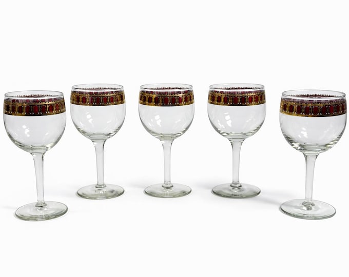 Stemmed Wine Glasses Culver Valencia Cranberry Scroll Mid Century Modern 22KT Gold Replacement  Glass - Set of 5 Vintage Barware Tableware