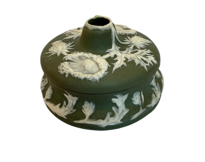 Schafer and Vater Hair Receiver Jasperware Porcelain Sage Green | Victorian Antique | Vanity Decor | Embossed Flowers Floral | Cottage Core